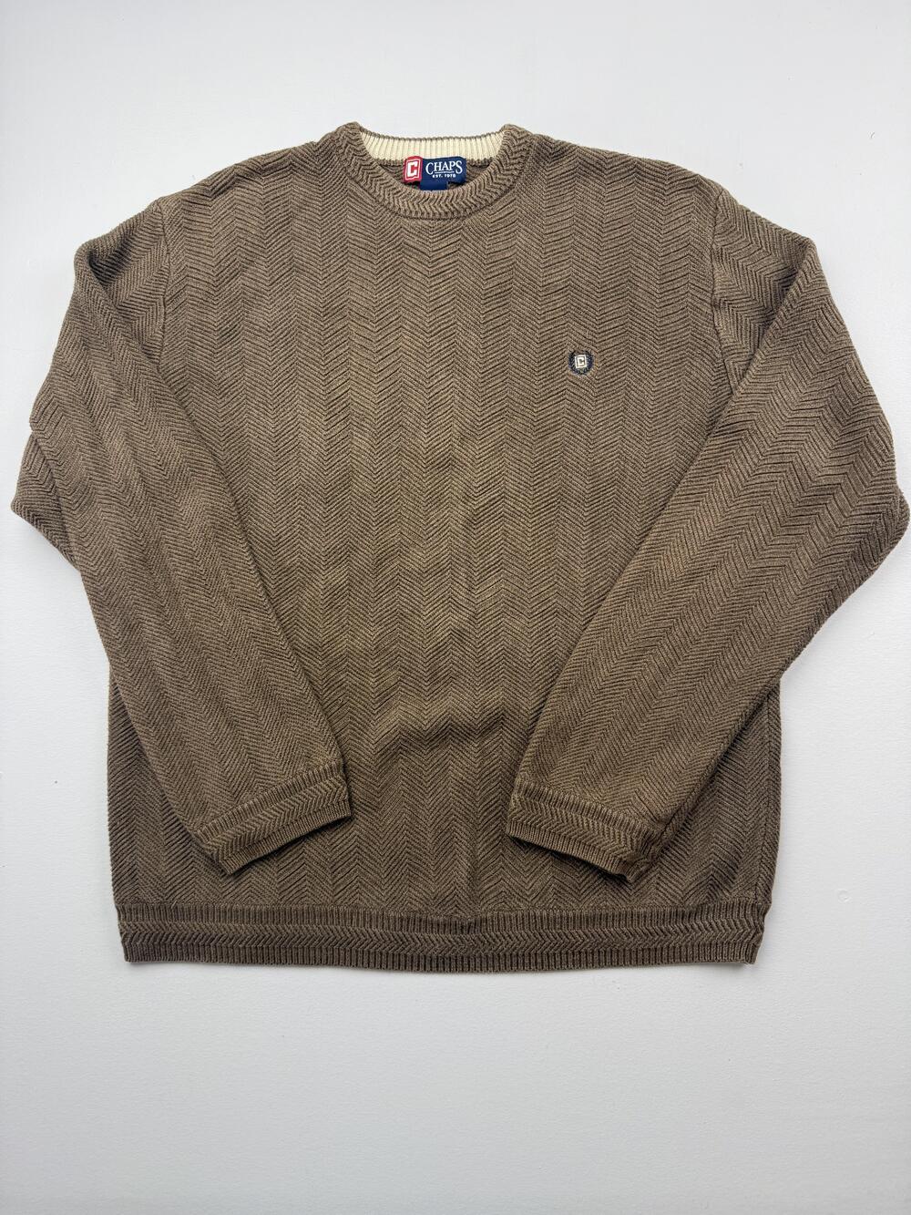 Chaps Sweater Mens XL Brown Herringbone Crewneck Cotton Knit Pullover Logo